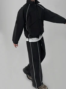 DAZY Spring/Autumn Black & White Drawstring Design Regular Fit Zipper Hem & Cuffs Elastic Waist Pants Men's Jacket Set - Black - View 1