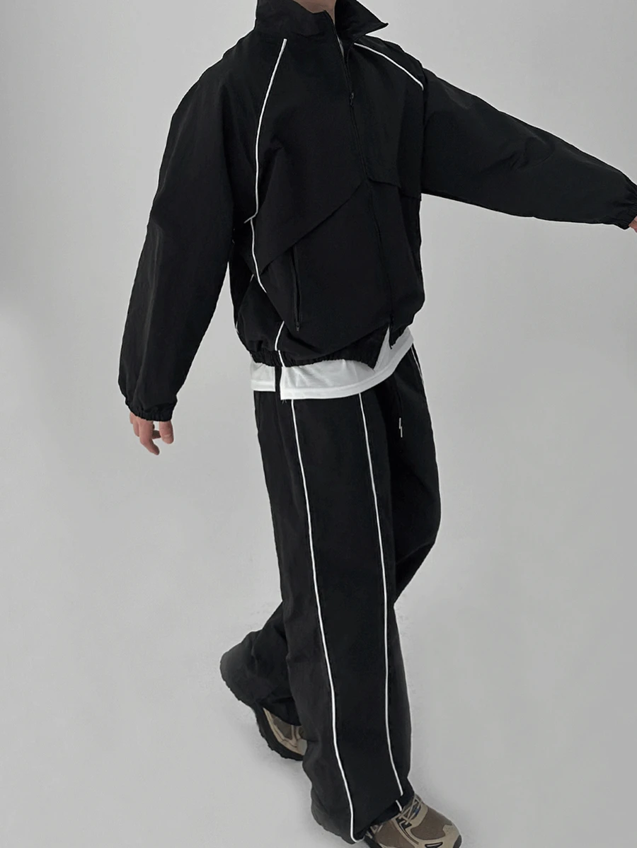 DAZY Spring/Autumn Black & White Drawstring Design Regular Fit Zipper Hem & Cuffs Elastic Waist Pants Men's Jacket Set - Black - View 1