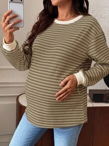 SHEIN 孕婦條紋拼色長袖T恤，適合日常穿著，秋季正式場合，拍照好看，白色與綠色，休閒優雅 - 棕色 - 查看 6