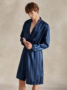 EverLounge Comfortable Minimalist Satin Men's Robe - Navy Blue - View 6