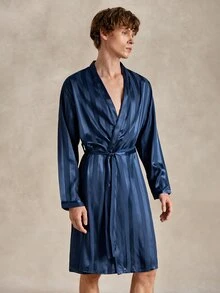 EverLounge Comfortable Minimalist Satin Men's Robe - Navy Blue - View 5