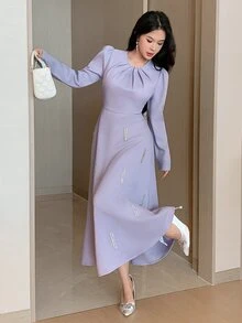 Feyla New Design Elegant Light Luxury Beaded Waist-Cinching A-Line Party Dress - Mauve Purple - View 2