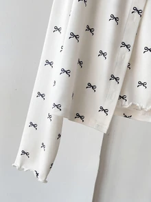 SHEIN Tween女孩秋冬休閒居家服3件套，夾克、背心與長褲，甜美黑白蝴蝶結印花兒童家居服套裝，女孩居家服，適合四季穿著 - 白色 - 查看 10