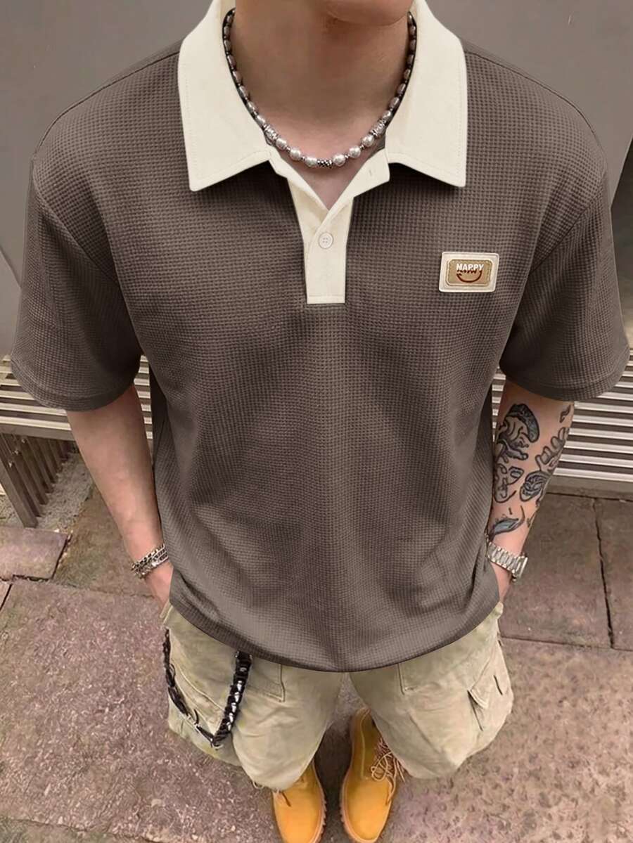 STEELVANCE 男士對比色休閒日常短袖 Polo 衫 - 咖啡棕 - 查看 1
