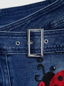 ROMWE Y2K Women's Sexy Embroidered Button Metal Buckle Denim Mini Skirt - Medium Wash - View 7