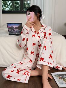 Napfluff Women's New Bow Print Casual Long Sleeve Pants Pajama Set - Red and White - View 7