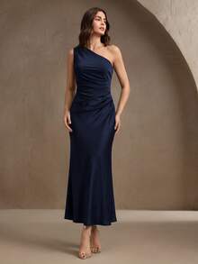 Savoree Women's New Elegant Asymmetrical Shoulder Satin Waist-Cinching Patchwork Dress, Suitable For Summer Party Formal Wear, Navy Blue - Navy Blue - View 5