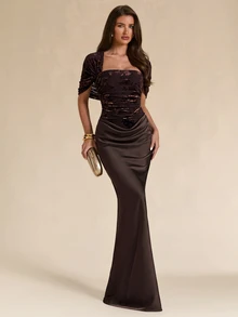 SHEIN BAE Fall Winter Deep Brown Satin Off Shoulder Ruched Slim Dress Elegant Thanksgiving Christmas Evening Gown - Brown - View 5