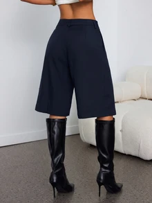 SHEIN PETITE 春季簡約通勤灰色百慕達短褲女款西裝短褲 - 藏蓝色 - 查看 3