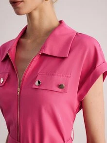 SHEIN 女款純色短袖拉鍊夏季洋裝 酒紅色 女裝套裝 - 玫紅色 - 查看 5