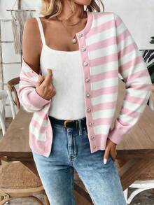 SHEIN Women's Casual Contrast Color Striped Long Sleeve Cardigan, Autumn/Winter - Multicolor - View 5