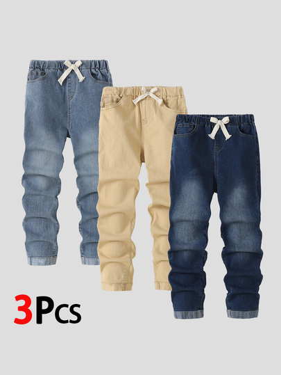 New All-Season Unisex Kids 3-Color Versatile Cuffed Bow Elastic Waist Denim Long Pants, Small & Medium Children Washed Soft Denim Rolled Hem Casual Pants In Light Blue, Dark Blue, Khaki