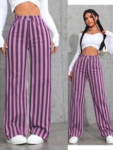 SHEIN ICON 女款條紋高腰口袋寬腿寬鬆牛仔褲 - 彩色 - 查看 6