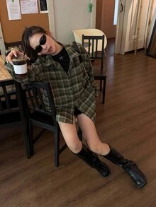 DAZY Women's Plaid Collar Korean Style Long Sleeve Spring Autumn Shirt - Green - View 4