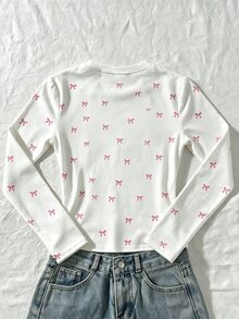 Tween Girls' Long Sleeve T-Shirt With Bow Knot All-Over Print, Sweet And Cute Faux Pearl Bow Knot Pattern, Suitable For Autumn And Winter, Perfect For Outdoor And Street Wear - Multicolor - View 2