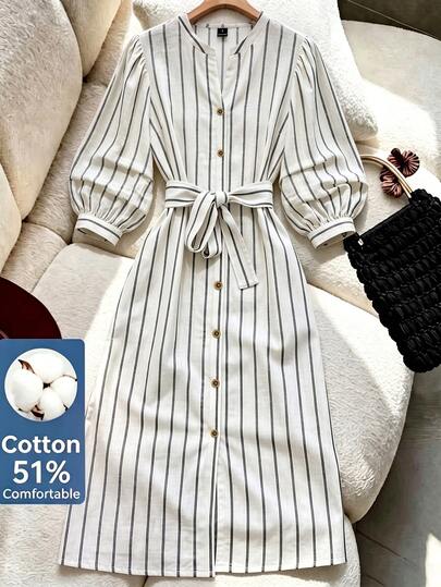 SHEIN Franclia Women's Black And White Striped Front Button V-Neck Puff Sleeve Long Sleeve Casual Dress, Suitable For Daily Commute, Daily Elegance, Spring And Autumn Elegant Outfit, Business Meeting, Women's Commute Dress, Women's Black And White Dress, Women's Birthday Dress, Outing Outfit, Outing Dress, Women's Elegant Party Dress