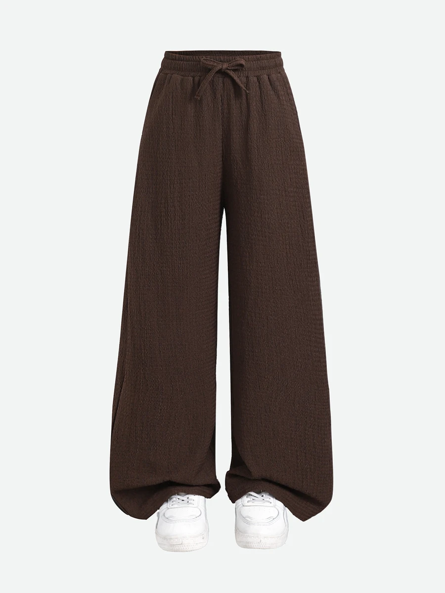 SHEIN Kids Tween Girls Loose Brown Textured Knit Drawstring Pocket Wide Leg Sweatpants Casual & Versatile - Brown - View 1