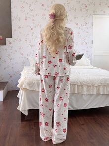 CottageSlumber Women's Cherry Bow Pattern Velvet Front Button Opening Patch Pocket Long Sleeve Pants Pajama Set - Red - View 3