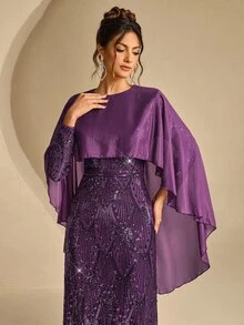 Coutiva 女款亮片披肩式正式晚禮服 - 深紫色 - 查看 7