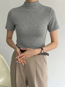 DAZY 女款純色立領短袖修身休閒百搭T恤 秋季 - 灰色 - 查看 2