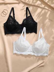 Charlaine 2pcs French Lace Sexy Plus Size Underwire Push-Up Side-Smoothing Bra Lingerie For Women - Multicolor - View 1
