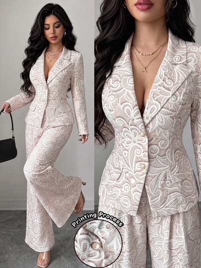 Elenzga Women's Spring/Autumn Comfortable Casual Elegant Banquet Commute Gathering Faux Lace Deep V-Neck Pearl Button Long Sleeve Blazer + Women's Spring/Autumn Casual Comfortable Elegant Banquet Faux Lace Long Wide Leg Pants