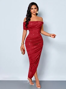 SOLERSUN Women's Elegant Off-Shoulder Ruched High Elastic Glitter Fabric Dress, Suitable For Evening Party, Graduation Season, - Burgundy - View 8