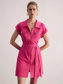 SHEIN 女款純色短袖拉鍊夏季洋裝 酒紅色 女裝套裝 - 玫紅色 - 查看 3