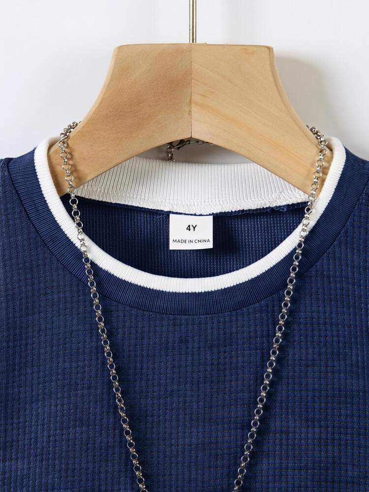 SHEIN Young Boy Colorblock T-Shirt, Comfortable Casual Fashion Versatile Street Sports Outdoor Party Back To School Season - Royal Blue - View 3