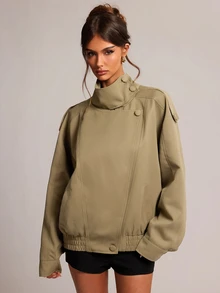 SHEIN BAE 女款休閒通勤外套，秋季 - 軍綠色 - 查看 1