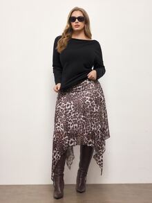 Maija Rok Plus Size Motif Leopard dengan Hem Asimetris untuk Musim Gugur, Cocok untuk Pesta, Ulang Tahun, Acara Malam, Warna Beige, Seksi, Bisnis, Kasual. - MultiWarna - View 5