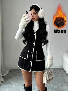 Elenzga Áo vest khoác dáng ôm thêu vỏ sò, nút ngọc trai giả, phong cách công sở tinh tế cho mùa Thu/Đông - màu đen - Xem 7