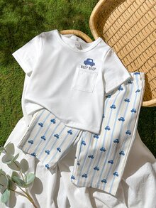 SHEIN Vintaside Kids 2件組男嬰可愛休閒短袖上衣與格紋長褲套裝，適合夏季與旅行 - 白色 - 查看 4