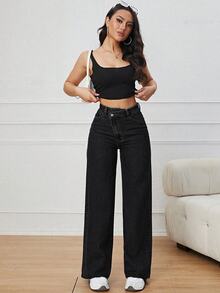 SHEIN PETITE 女款不對稱腰部口袋寬腿休閒牛仔褲 - 黑色 - 查看 4