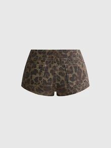 ROMWE Street Life Low Waist Sexy Hot Pants Denim Leopard Print Elastic Drawstring Women's Denim Shorts - Brown - View 2