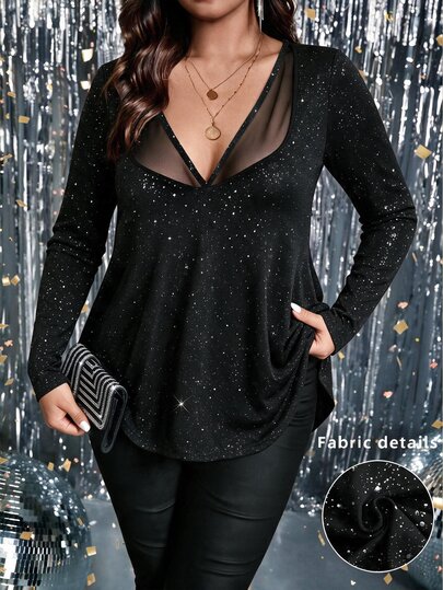 Femmeverse Plus Size Women's Elegant Party Sexy Slimming Fitted Casual Minimalist Commute Versatile Daily Mesh Patchwork V-Neck Design Silver Foil Fabric Long Sleeve T-Shirt