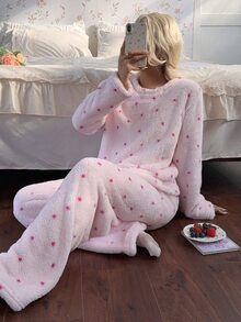 CottageSlumber Pink Double-Sided Plush Romantic Heart Print Casual Loose Women's Pajama Set - Pink - View 5