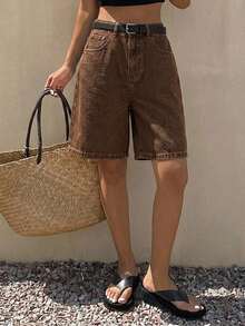 DAZY 夏季新款舒適休閒寬鬆女款牛仔百慕達短褲 - 棕色 - 查看 3