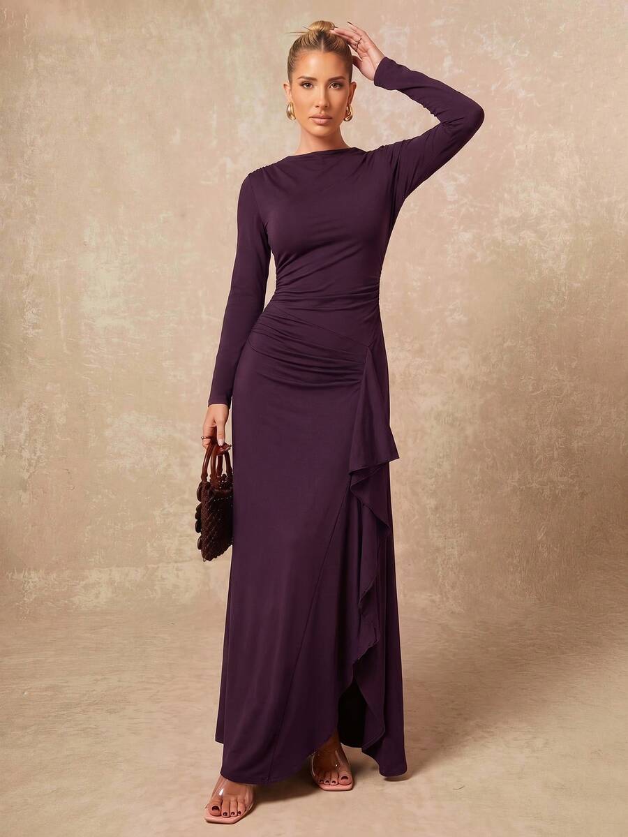 Lumalex Women's Long Sleeve Fitted Dress With Ruffle Hem, Asymmetrical Ruched Design And Side Slit HalloweenElegant Fashion Minimalist Casual Daily Commute - Red Violet - View 1
