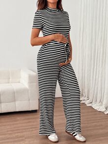 SHEIN Maternity Summer Casual Striped T-Shirt & Long Pants 2 Pieces Set - Black and White - View 8