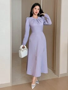 Feyla New Design Elegant Light Luxury Beaded Waist-Cinching A-Line Party Dress - Mauve Purple - View 7