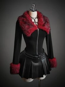 SHEIN ICON 女款毛領長袖前拉鍊時尚夾克 - 黑色 - 查看 8