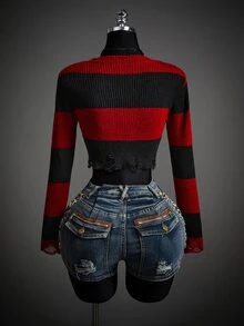 SHEIN ICON Fall Women's Autumn Halloween Red And Black Goth Devil Girl Fashion Colorblock Striped Distressed Sweater - Multicolor - View 2