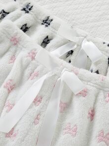 Napfluff Cute Autumn/Winter Plush Bowknot Print Long Pajama Pants 2 Pieces Set For Women - Multicolor - View 3