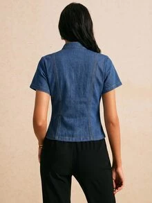 Poéselle 女款短袖拉鍊與鈕扣前開襟牛仔上衣 - 中等水洗藍 - 查看 3