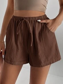 SHEIN Tall 女款純色前打結短褲，適合夏季 - 棕色 - 查看 1