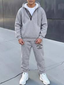 SHEIN 兒童青少年男孩休閒運動洛杉磯圖案半拉鍊連帽衛衣與運動長褲套裝，適合秋冬、學校、家庭聚會、度假、派對，秋季穿搭、冬季穿搭，男孩套裝兒童套裝 - 灰色 - 查看 3