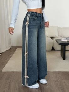 SHEIN PETITE Women's Colorblock Striped Bow Decor Wide Leg Jeans - Blue - View 4