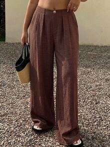Dazy Plus Solid Color Loose Wide Leg Pants With Pockets, Casual Vacation Summer Long Pants - Brown - View 5