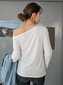 DAZY Autumn Casual Solid Color Asymmetric Collar T-Shirt - White - View 2